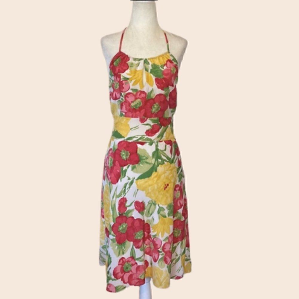 Ann Taylor LOFT Red & Yellow Floral Halter Tea Dress Size 0 (Runs Big)